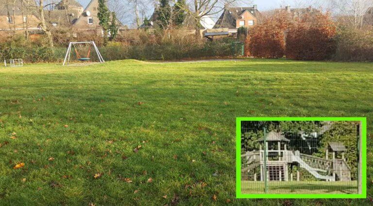 Wo früher der große Kletterturm aus Holz stand (kleines Bild), klafft jetzt eine Lücke auf dem Spielplatz der ehemaligen Barbaraschule. Fotos: Wagner