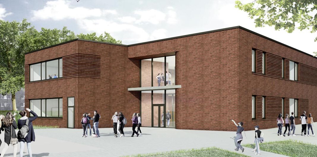 Zweigeschossig und geklinkert: So soll der Neubau auf dem Gelände des Freiherr-vom-Stein-Gymnasiums aussehen. | Visualisierung: Schreiter Architekten
