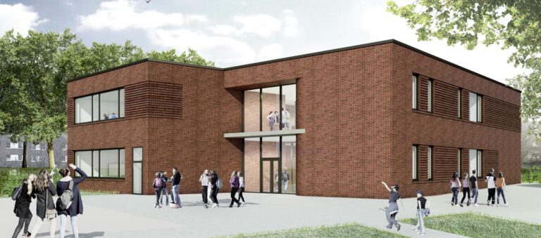 Zweigeschossig und geklinkert: So soll der Neubau auf dem Gelände des Freiherr-vom-Stein-Gymnasiums aussehen. | Visualisierung: Schreiter Architekten