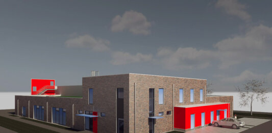Die Nordwest-Ansicht des geplanten neuen Feuerwehrgerätehauses in Stockum. Visualisierung: ulrich+bahr architekten gmbh