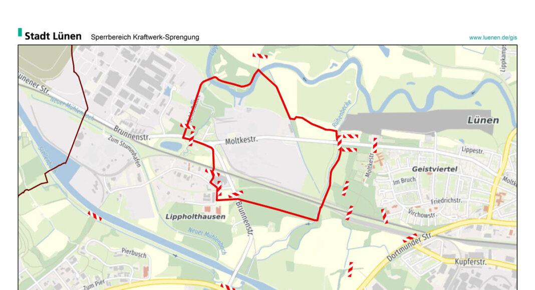 Hier kommt am Sonntag niemand durch: Der Sperrbereich und die wichtigsten Straßensperren rund um das Gelände des ehemaligen Steag-Kraftwerks in Lünen. | Grafik: Stadt Lünen; Stadtplan Lünen: Stadt Lünen und Regionalverband Ruhr (Lizenz: dl-de/by-2-0), Datengrundlagen: ALKIS, ATKIS © Land NRW/Katasterämter (Lizenz: dl-de/zero-2-0 und OpenStreetMap (License: ODbL)