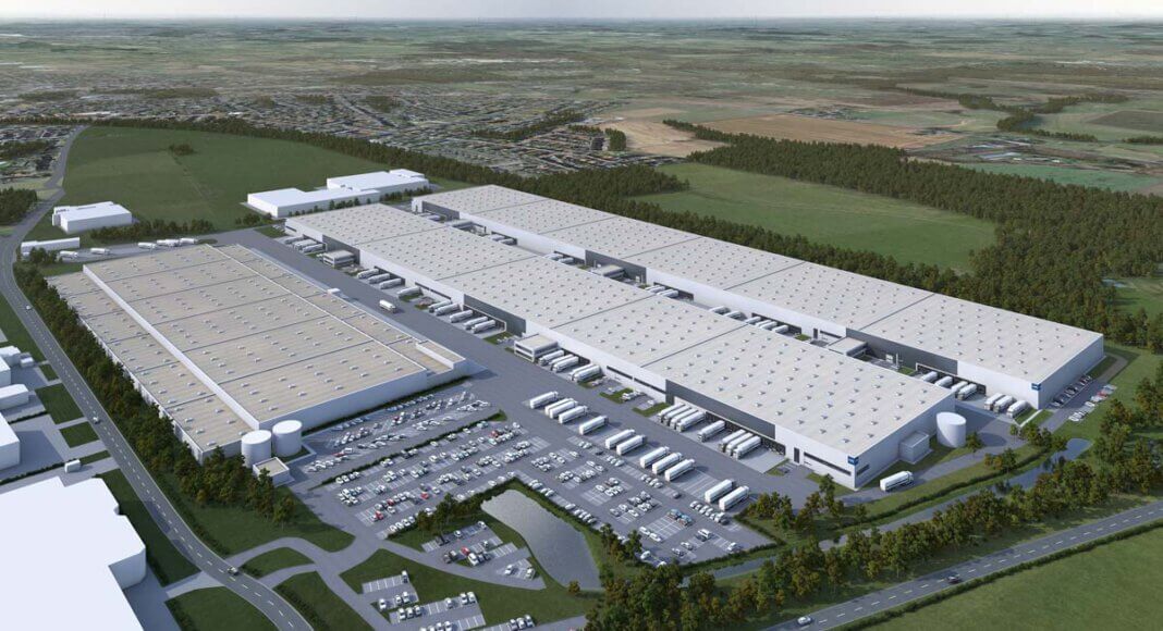 Eine von zwei Logistikhallen, die derzeit auf dem früheren IKEA-Logistikareal entstehen, sind komplett an das auf den Im- und Export sowie den Verkauf von Konsumgütern spezialisierten Unternehmen Euziel vergeben. Visualisierung: Garbe Industrial Real Estate
