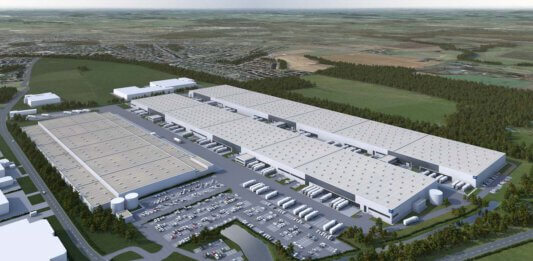 Eine von zwei Logistikhallen, die derzeit auf dem früheren IKEA-Logistikareal entstehen, sind komplett an das auf den Im- und Export sowie den Verkauf von Konsumgütern spezialisierten Unternehmen Euziel vergeben. Visualisierung: Garbe Industrial Real Estate