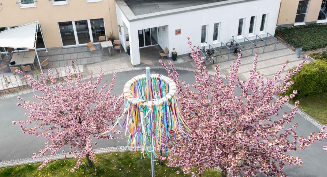 Ein Maibaum mit Kranz und bunten Bändern zieht die Blicke am Malteserstift in Herbern auf sich. Foto: Isabel Schütte