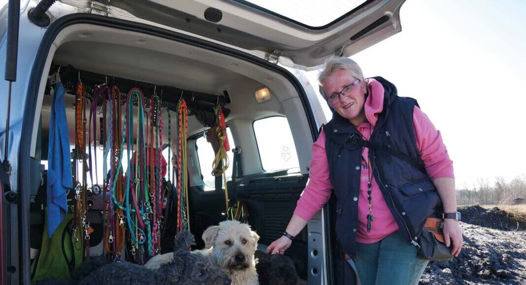 Kurzes Verschnaufen nach dem Rundgang, dann möchten die Vierbeiner am liebsten gleich wieder los. Ina Katrin Sticken mit Elroy, Gassi-Hund Kröte und Donatello. Foto: Gaby Brüggemann