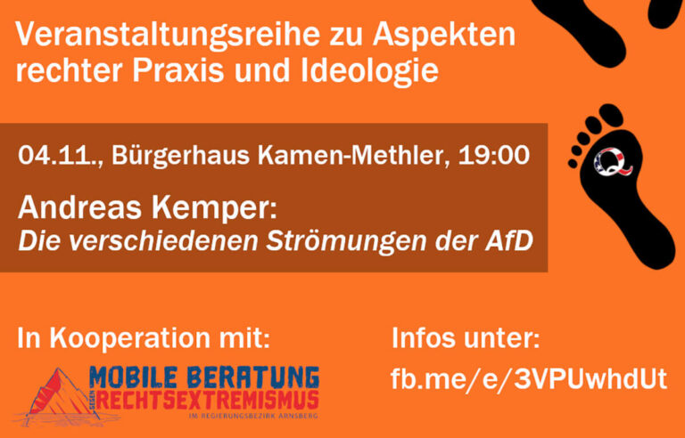 Die Reihe wird organisiert von den Bürger/innen gegen Rechts Kamen/Bergkamen und dem Werner Bündnis gegen Rechts und findet in Kooperation mit der Mobilen Beratung gegen Rechtsextremismus im Regierungsbezirk Arnsberg statt. Foto: BgR