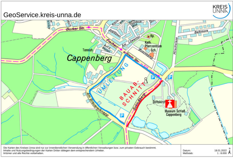 Veranschaulichung des Bauabschnitts inkl. Umleitungen am Schloßberg in Cappenberg. Grafik: Kreis Unna