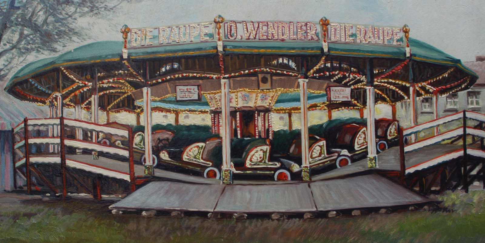 Wendlers Raupenbahn (hier das Foto einer Malerei) gehörte zum Stamm der Mai- und Sim-JÜ-Kirmes und war ständig von der Jugend umlagert, weil hier die Hitparade rauf und runtergespielt wurde. Archivfoto: Sim-Jü-Verlag