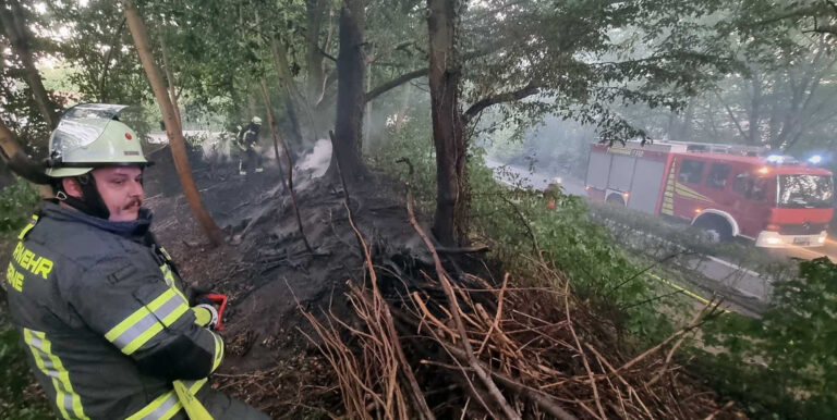 Eine Hecke stand am Hansaring - Höhe des Spielplatzes im Thünen - in Flammen. Die Feuerwehrleute konnten Schlimmeres verhindern. Foto: Feuerwehr Werne