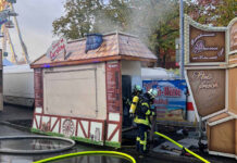 Einsatz auf dem Kirmesgeländer der Sim-Jü "Am Hagen": Dort brannte ein Crêpeswagen. Foto: Feuerwehr Werne