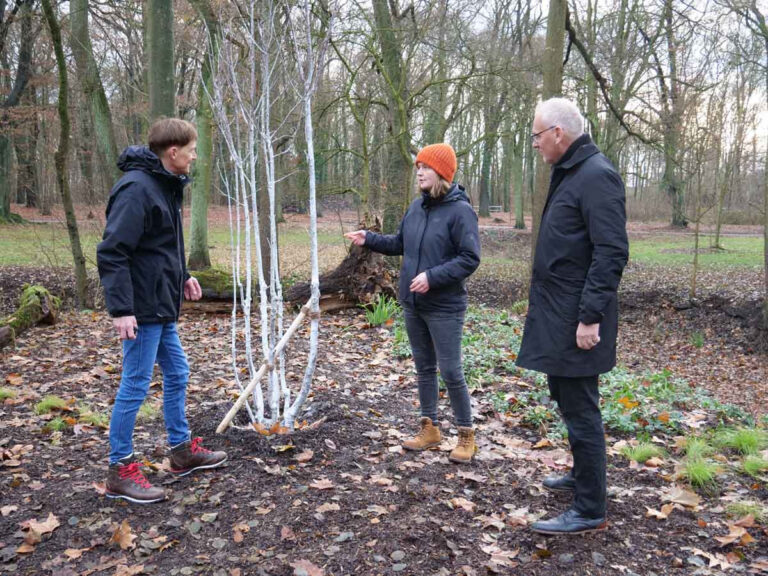 Lünens Technischer Beigeordneter Arnold Reeker sowie vom Fachdienst Stadtgrün Jürgen Arendes (Leitung) und Hannah Wolf haben sich bei einem Ortstermin im revitalisierten Schlosspark Schwansbell getroffen. Foto: Stadt Lünen