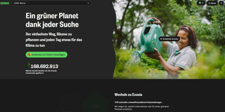 Die UWW schlägt vor, die nachhaltige Internet-Suchmaschine Ecosia auf den PCs der Stadtverwaltung zu nutzen. Screenshot: Wagner