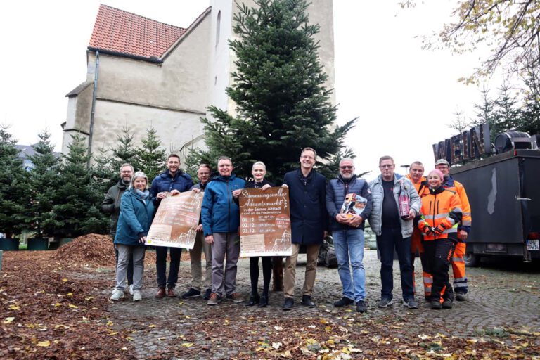 Im Schatten der Friedenskirche wird gerade der Glitzerwald durch die Stadtwerke Selm aufgebaut. Bürgermeister Thomas Orlowski (4.v.l.), sowie die Vertreter der Sponsoren Markus Droste (3.v.l./Westenergie), Verena Ginter-Dieckerhoff (6.v.l.) und Markus Jungeilges (6.v.r./beide Stadtwerke Selm) freuen sich mit Glitzerwald-Veranstalter Wilfried Reckers (5.vr.) und David Kirchhoff (4.v.r.) sowie Lisa Sandmann und Pfarrer Claus Themann auf Glitzerwald und Adventsmarkt. Foto: Stadt Selm / M. Woesmann