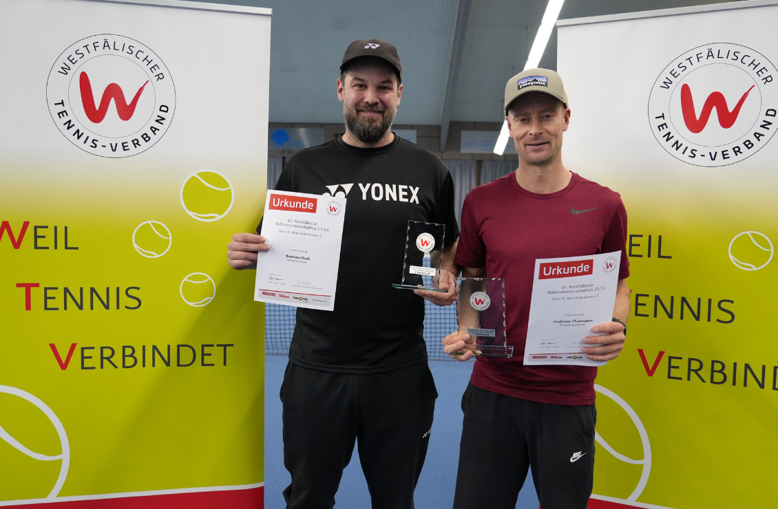 Wernes Tennisspieler Andreas Thiveßen (rechts) durfte sich wieder über den westfälischen Titel freuen. Foto: WTV