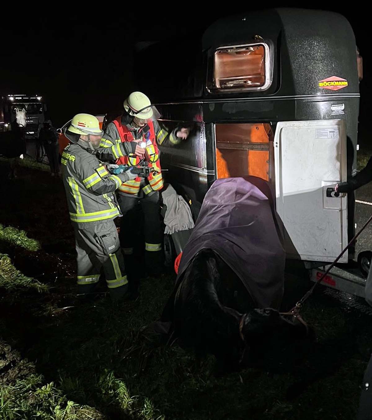 Mit großem Einsatz befreiten die Feuerwehrleute das eingeklemmte Pferd aus dem Anhänger. Die Verletzungen waren jedoch so schwer, dass der Vierbeiner vor Ort eingeschläfert werden musste. Fotos: FFW