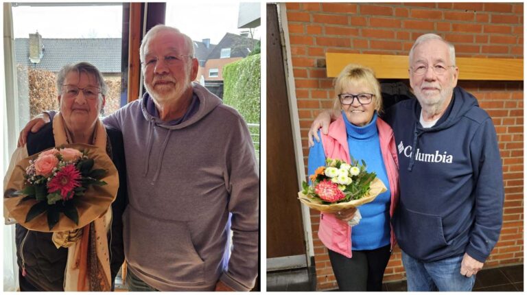 Heinz Meine, Vorsitzender des Ältestenrates von Eintracht Werne, gratulierte Anita Zöllner (links) und Birgit Stier zum Geburtstag. Fotos: privat