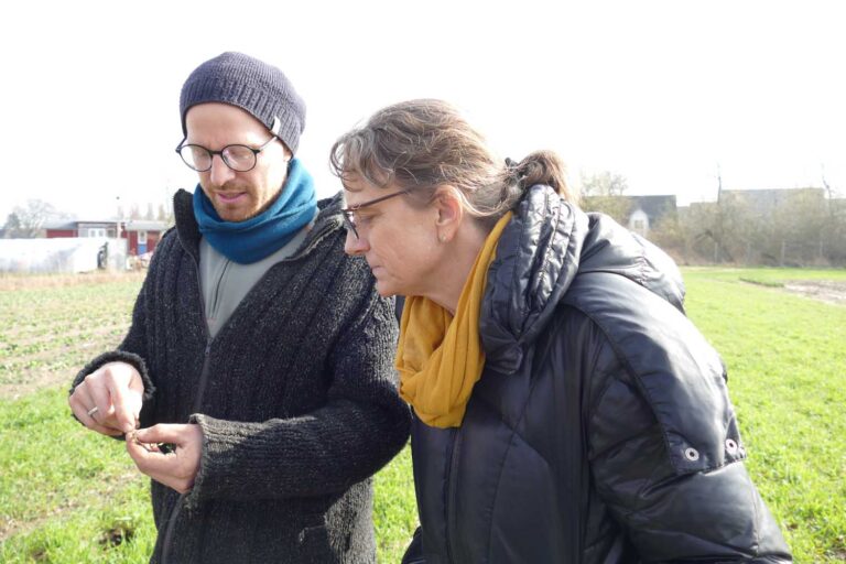 Putzmuntere Regenwürmer und Knöllchenbakterien: Laurin Liekenbrock und Dr. Anne Monika Spallek beim Begutachten einer Bodenprobe. Foto: privat