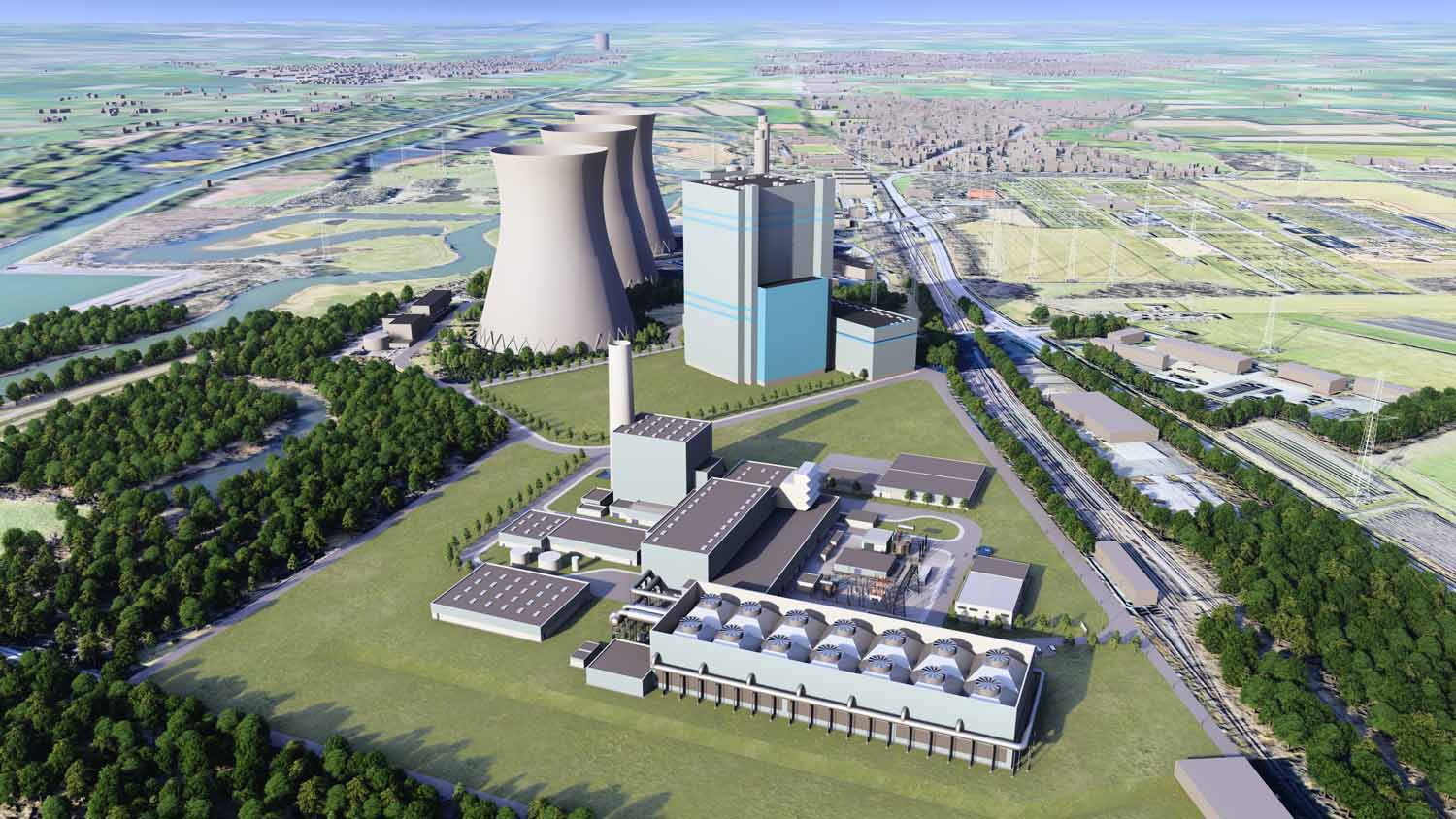 Visualisierung der Pläne für ein wasserstofffähiges Gaskraftwerk in Werne-Stockum. Quelle: RWE
