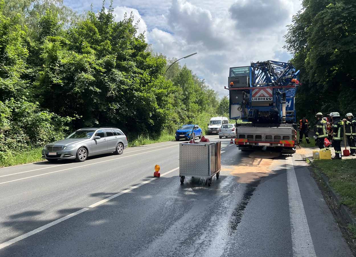 Ein Autokran hatte auf der Kamener Straße Hydrauliköl verloren. Die Feuerwehr und eine Fachfirma zur Reinigung waren im Einsatz. Foto: FFW