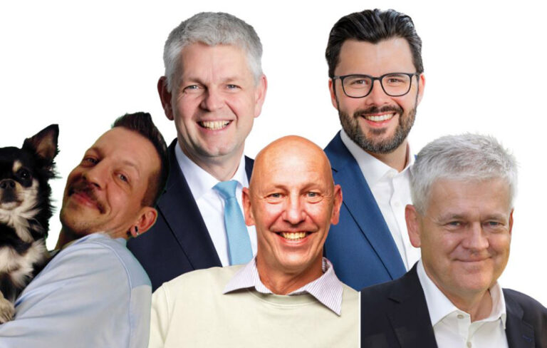 Wollen Bürgermeister der Stadt Werne werden (von links); Marc Sven Ueter, Christoph Dammermann, Volker Abdinghoff, Lars Hübchen und Benedikt Striepens. Fotos: Fotos: Photographie Susanne Kästner (2), privat (2), Felgenträger