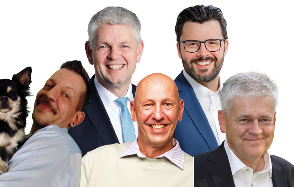 Wollen Bürgermeister der Stadt Werne werden (von links); Marc Sven Ueter, Christoph Dammermann, Volker Abdinghoff, Lars Hübchen und Benedikt Striepens. Fotos: Fotos: Photographie Susanne Kästner (2), privat (2), Felgenträger