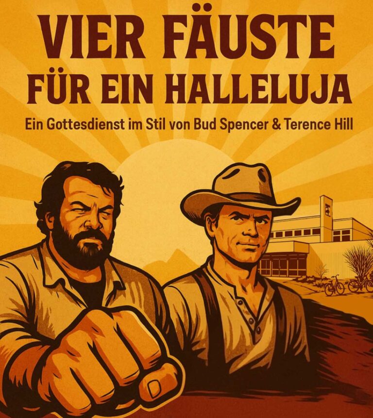 Unter dem Motto „Vier Fäuste für ein Halleluja“ lädt die evangelische Kirche zu einem Event ein, das Glauben, Filmklassiker und Gemeinschaft auf originelle Weise verbindet. (c) Ev. Kirche