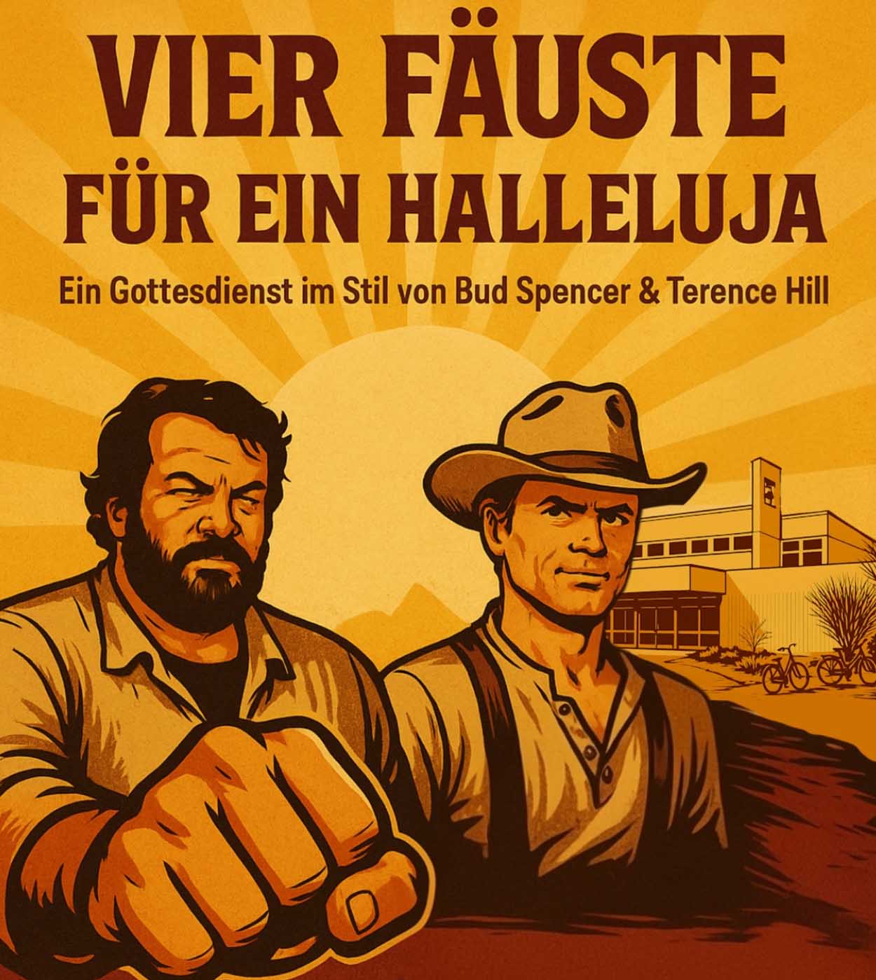 Unter dem Motto „Vier Fäuste für ein Halleluja“ lädt die evangelische Kirche zu einem Event ein, das Glauben, Filmklassiker und Gemeinschaft auf originelle Weise verbindet. (c) Ev. Kirche