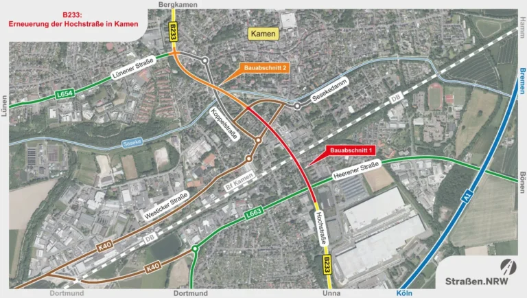 Am Montag (22.06.2026) beginnen die Arbeiten zur Einrichtung einer neuen Verkehrsführung, um im Anschluss die Fahrbahn der Hochstraße zwischen L654 und der Abfahrt Kamen-Zentrum (Koppelstraße) in Fahrtrichtung Süden (Unna) zu erneuern. Grafik: StraßenNRW