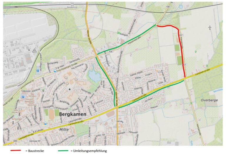 Lageplan „Fahrbahnerneuerung im Zuge der K17 Hansastraße in Bergkamen“ inkl. Umleitungsempfehlung. Quelle: Kreis Unna
