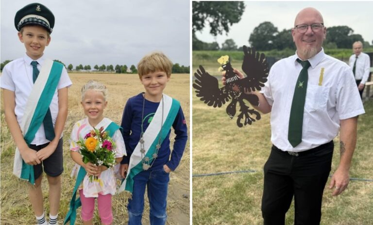 Kinderoberst Max (links) beglückwünschte Königin Pia und König Gustav. Rechts: Neuer Kordelkönig ist Sven Kleine. Fotos: Isabell Kaspers