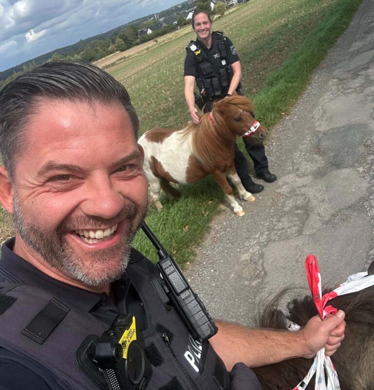 Zur Erinnerung an einen nicht alltäglichen, "tierischen" Einsatz machten die Beamten dann noch Selfies mit den Ponys. Foto: KPB Unna